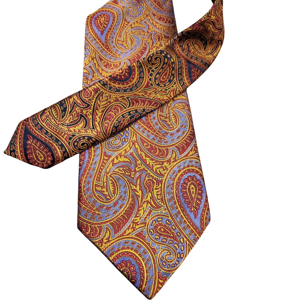 Steven Land Mens‎ Silk Paisley Tie Orange Blue Gold Hand Made Necktie